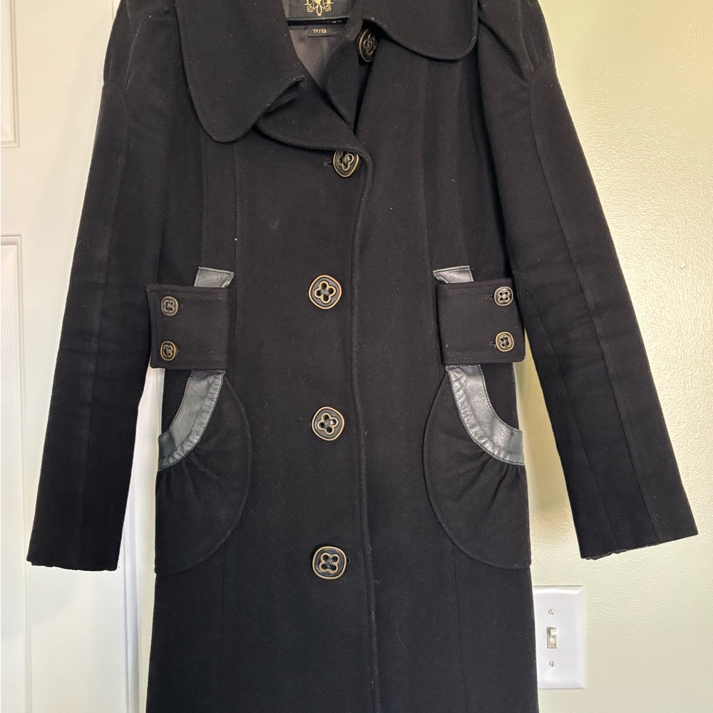 MACKAGE Vintage Wool Cashmere Coat Leather Trim Gold Clover Buttons Poland